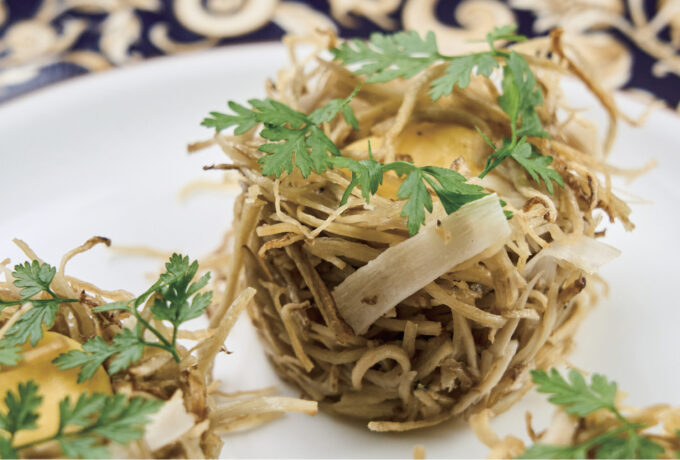 牛蒡のカルボナーラ コンテチーズのサバイヨン